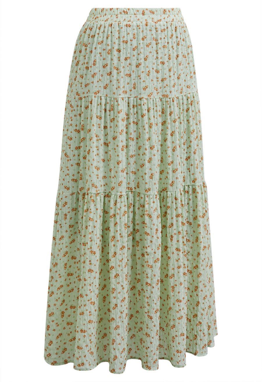 Posy Print Textured Tiered Maxi Skirt in Green