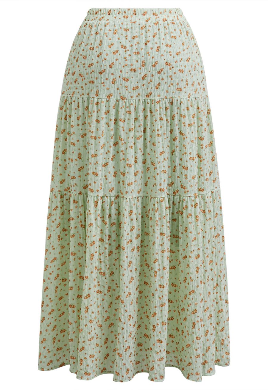 Posy Print Textured Tiered Maxi Skirt in Green