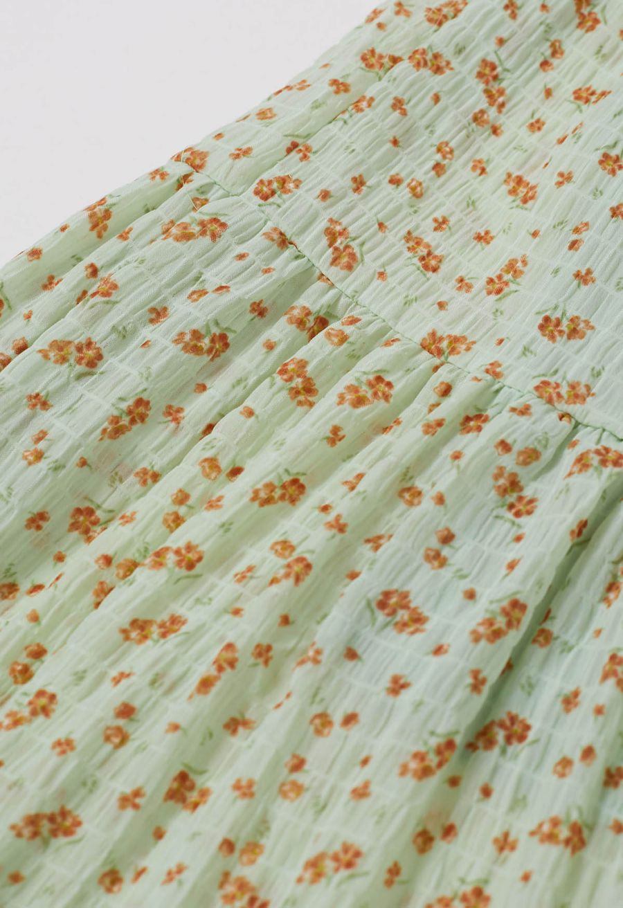 Posy Print Textured Tiered Maxi Skirt in Green