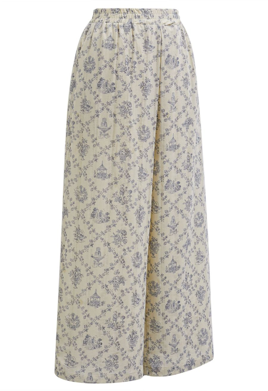 Lattice-Floret Illustrations Printed Wide-Leg Pants in Blue