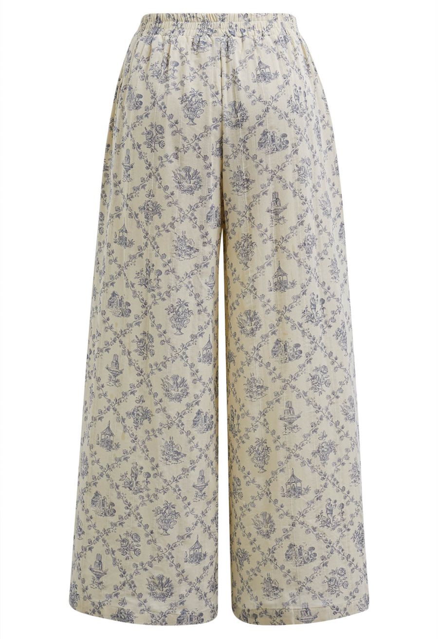 Lattice-Floret Illustrations Printed Wide-Leg Pants in Blue