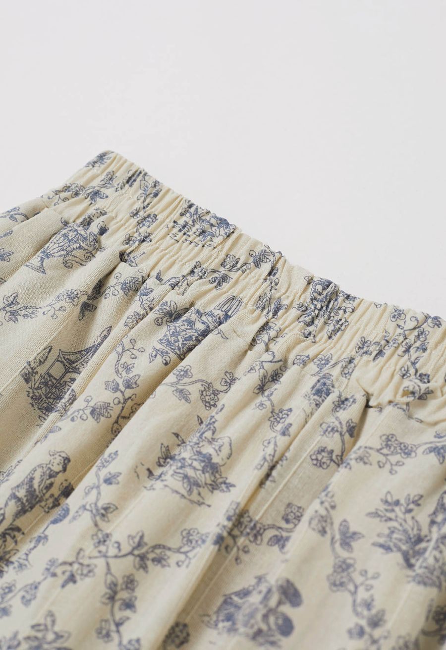 Lattice-Floret Illustrations Printed Wide-Leg Pants in Blue