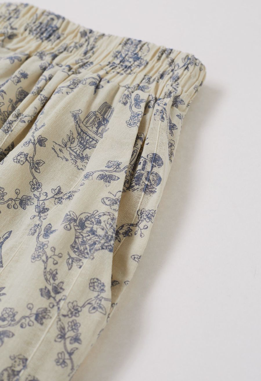 Lattice-Floret Illustrations Printed Wide-Leg Pants in Blue