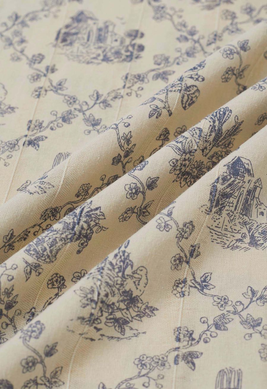 Lattice-Floret Illustrations Printed Wide-Leg Pants in Blue