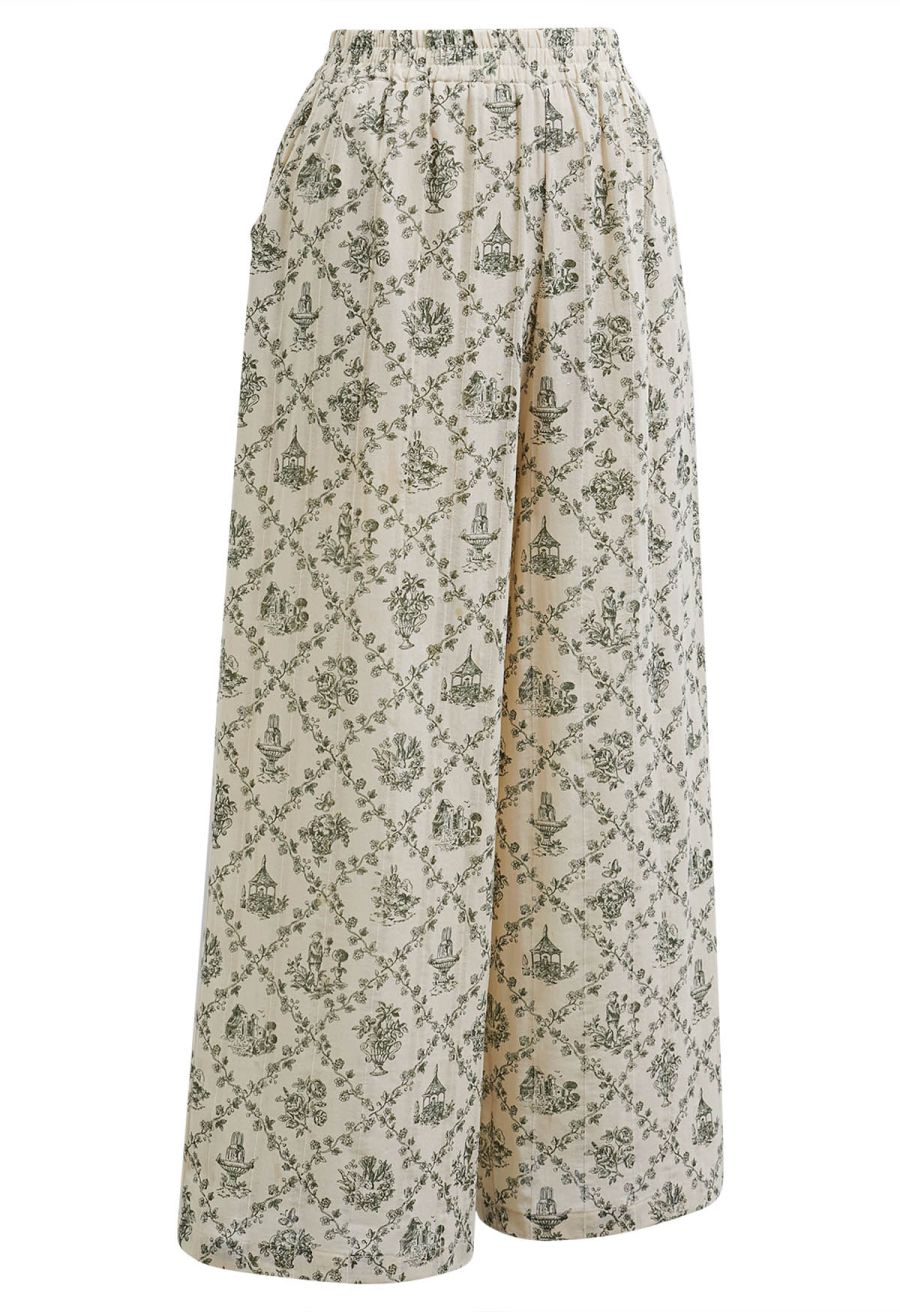 Lattice-Floret Illustrations Printed Wide-Leg Pants in Green