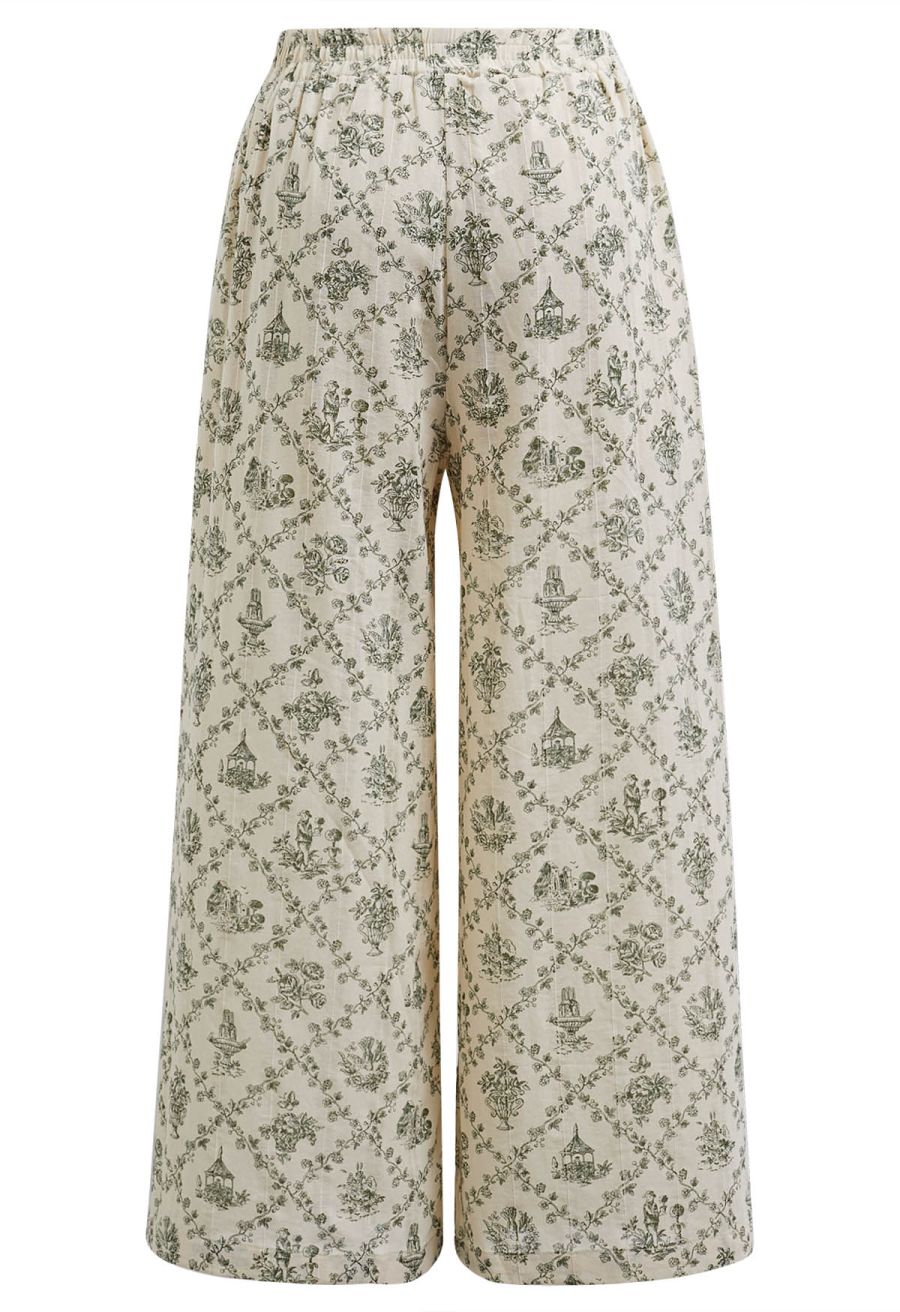 Lattice-Floret Illustrations Printed Wide-Leg Pants in Green