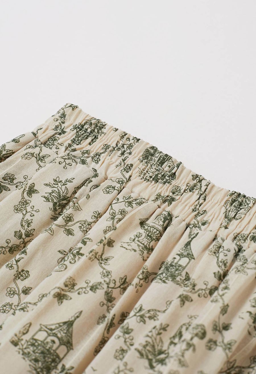 Lattice-Floret Illustrations Printed Wide-Leg Pants in Green