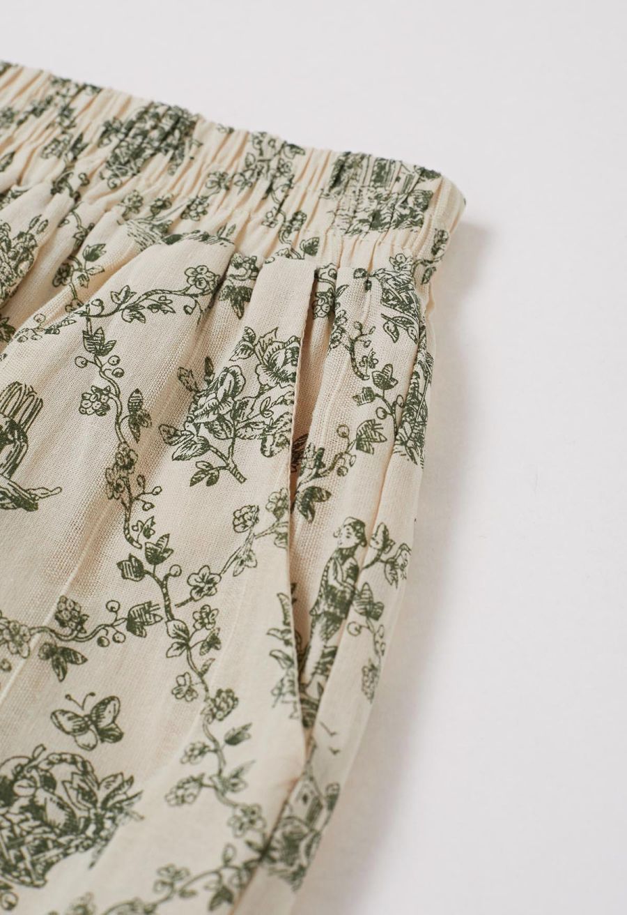 Lattice-Floret Illustrations Printed Wide-Leg Pants in Green