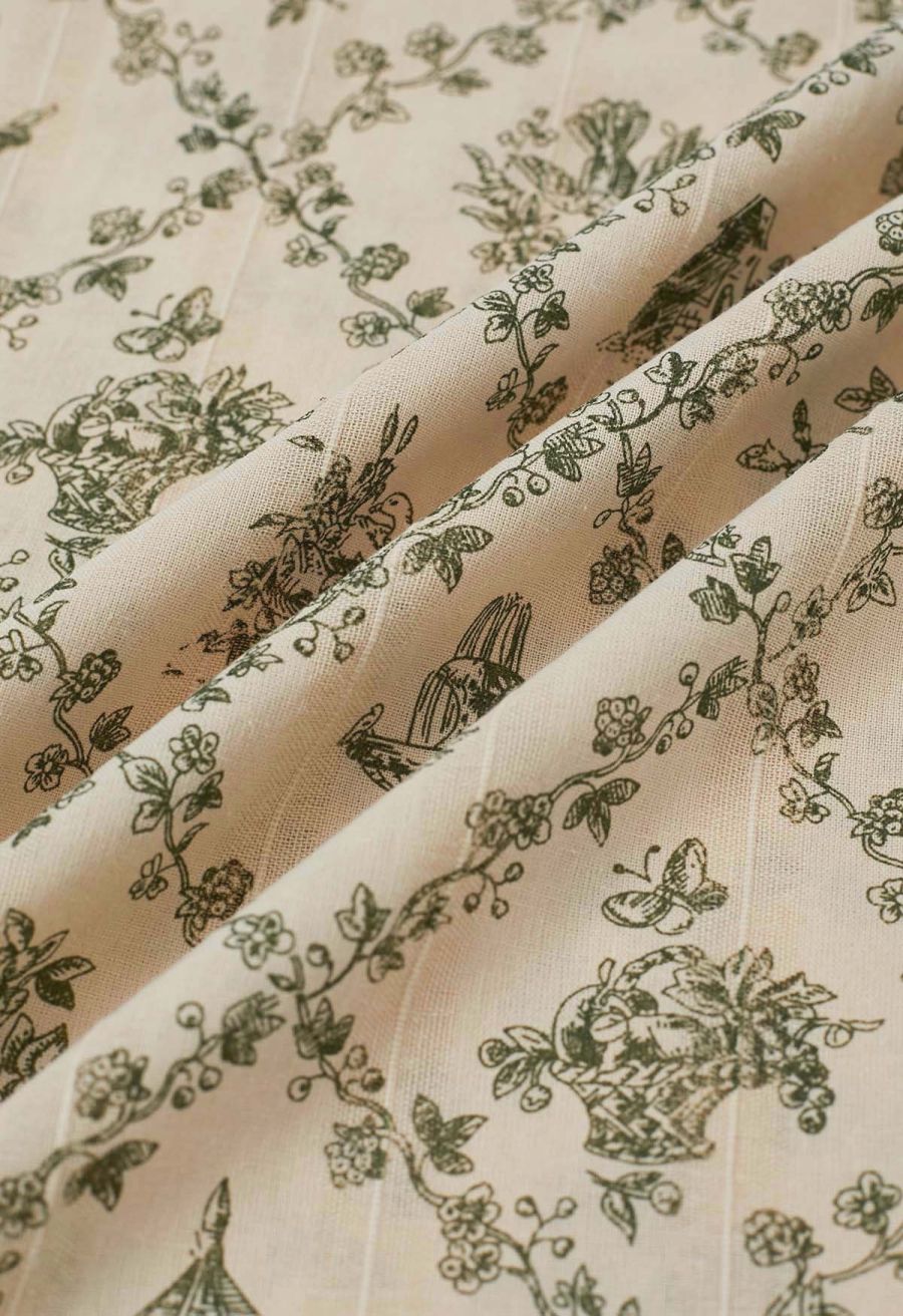 Lattice-Floret Illustrations Printed Wide-Leg Pants in Green
