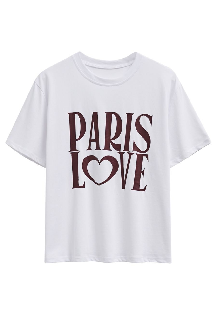 Paris Love Pattern Cotton T-Shirt in White
