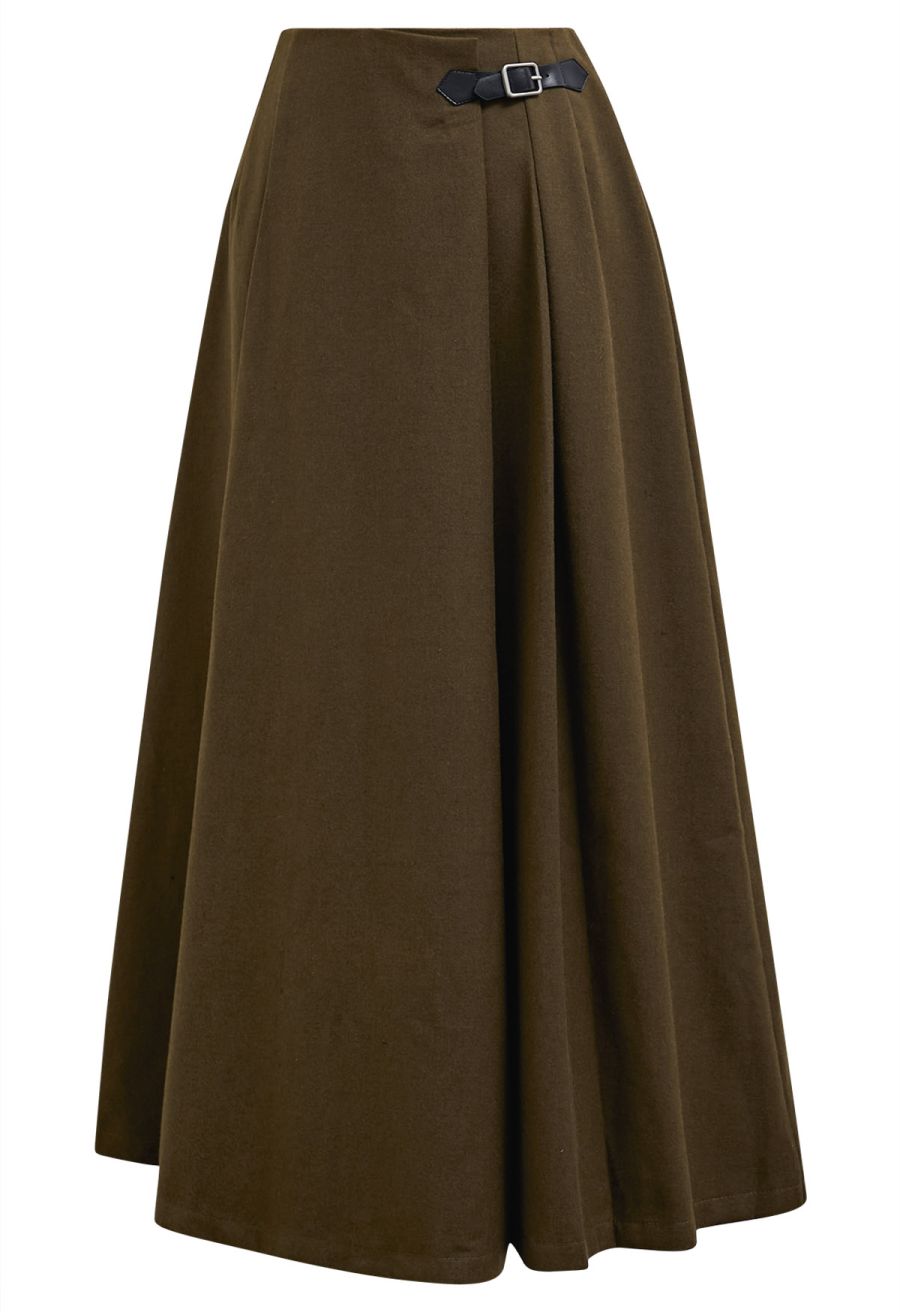 Casual Belt Decorated Pleat Maxi Skirt in Olive