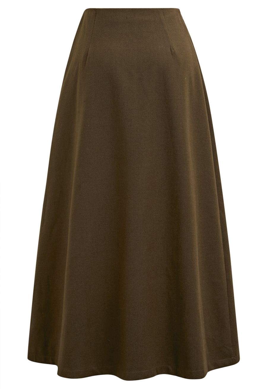 Casual Belt Decorated Pleat Maxi Skirt in Olive