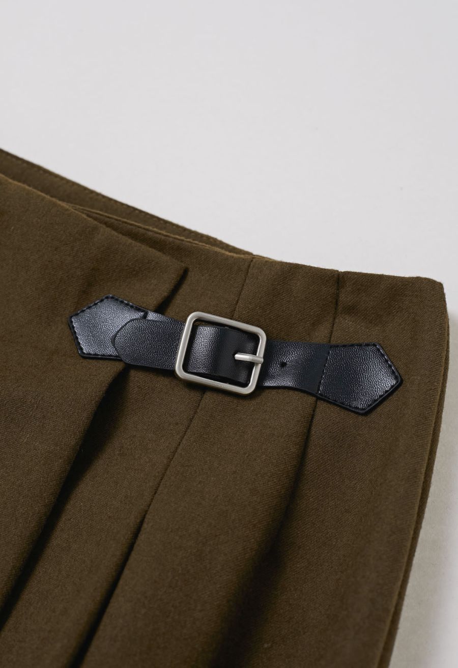 Casual Belt Decorated Pleat Maxi Skirt in Olive