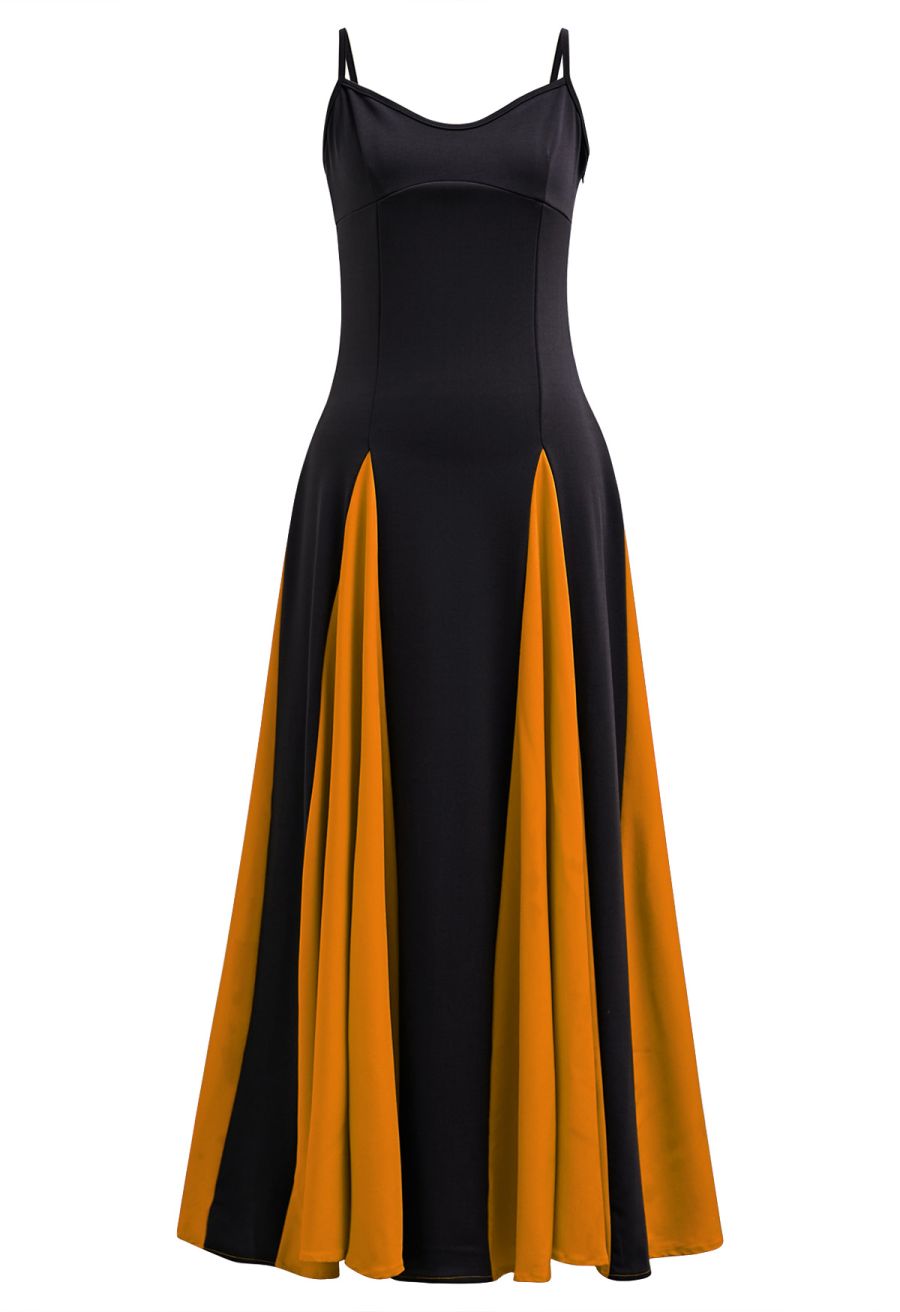 Stylish Contrast Color Panel Cami Maxi Dress in Pumpkin