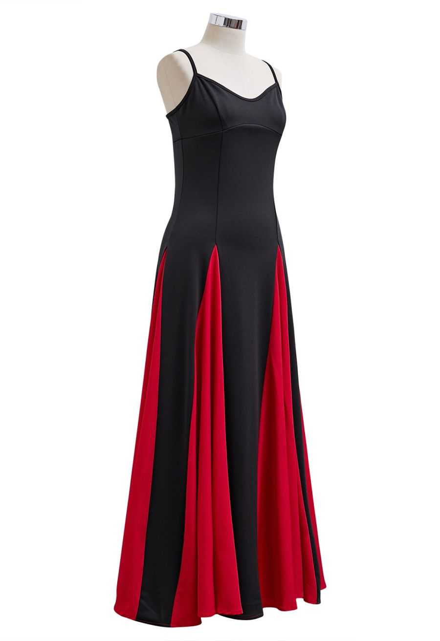 Stylish Contrast Color Panel Cami Maxi Dress in Red
