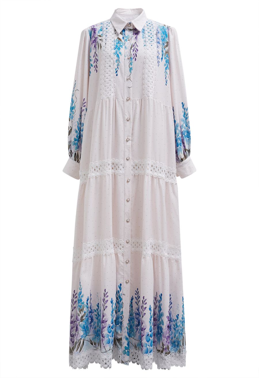 Glittering Lavender Print Lace Panel Buttoned Maxi Dress