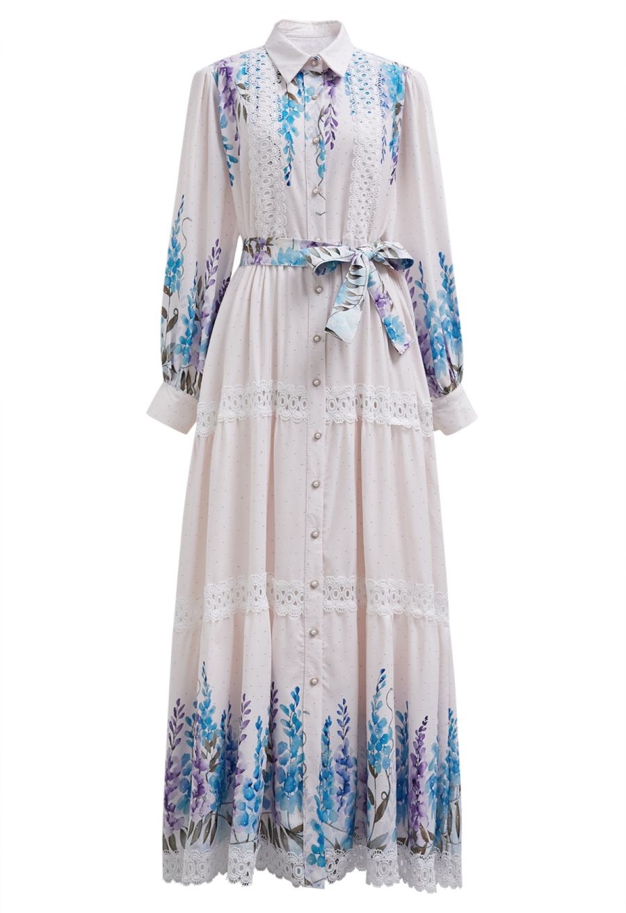 Glittering Lavender Print Lace Panel Buttoned Maxi Dress