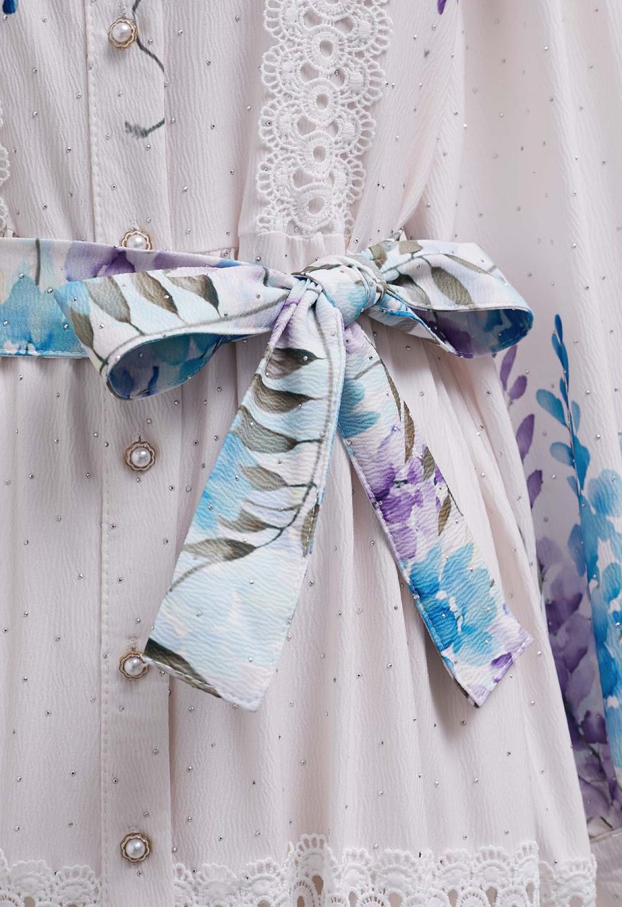 Glittering Lavender Print Lace Panel Buttoned Maxi Dress