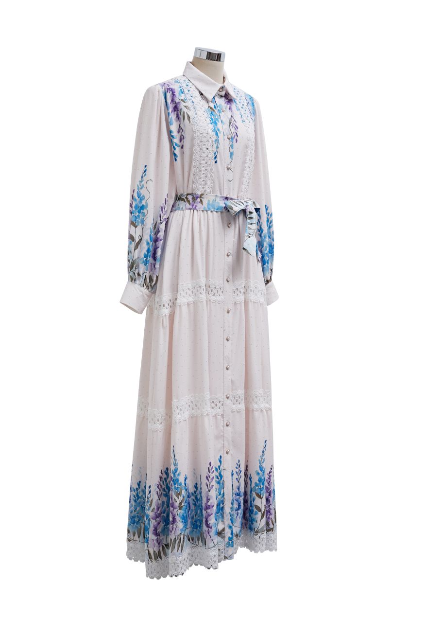Glittering Lavender Print Lace Panel Buttoned Maxi Dress
