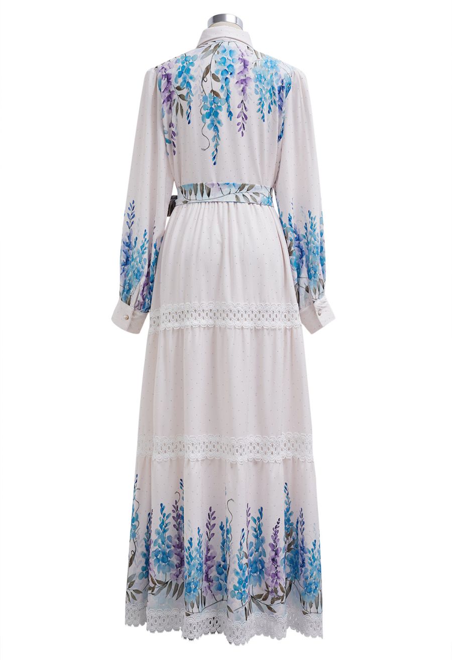 Glittering Lavender Print Lace Panel Buttoned Maxi Dress
