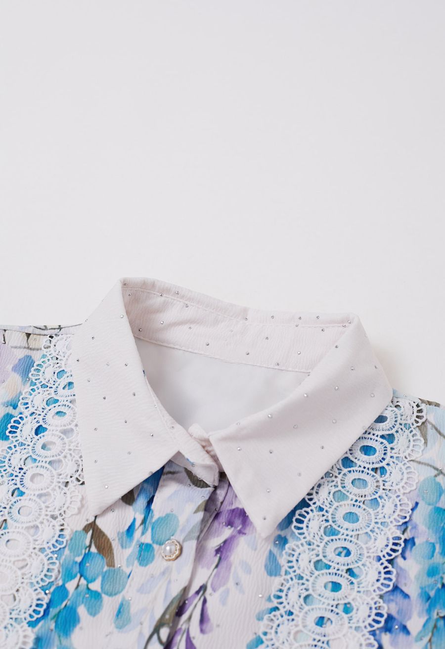 Glittering Lavender Print Lace Panel Buttoned Maxi Dress
