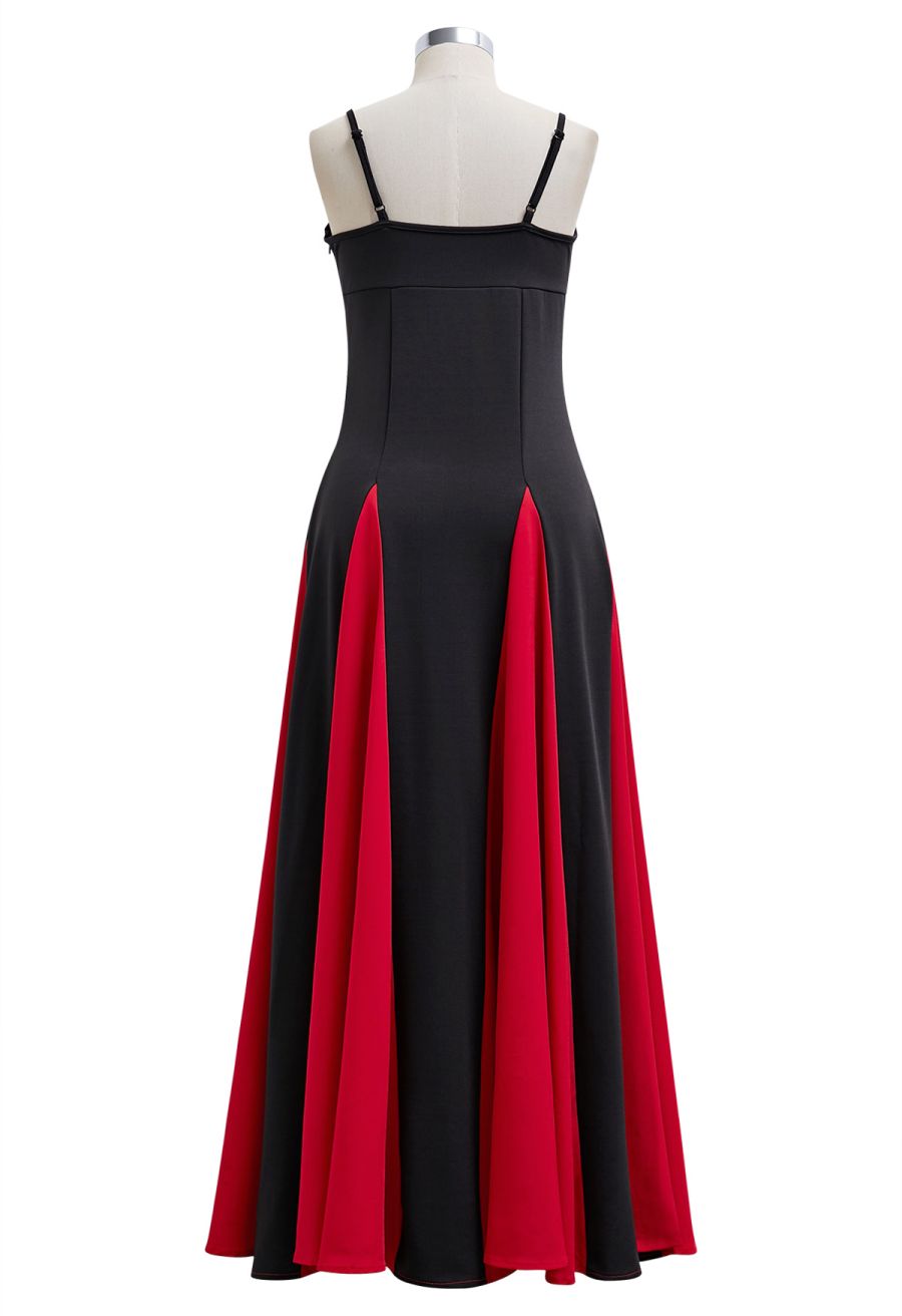 Stylish Contrast Color Panel Cami Maxi Dress in Red