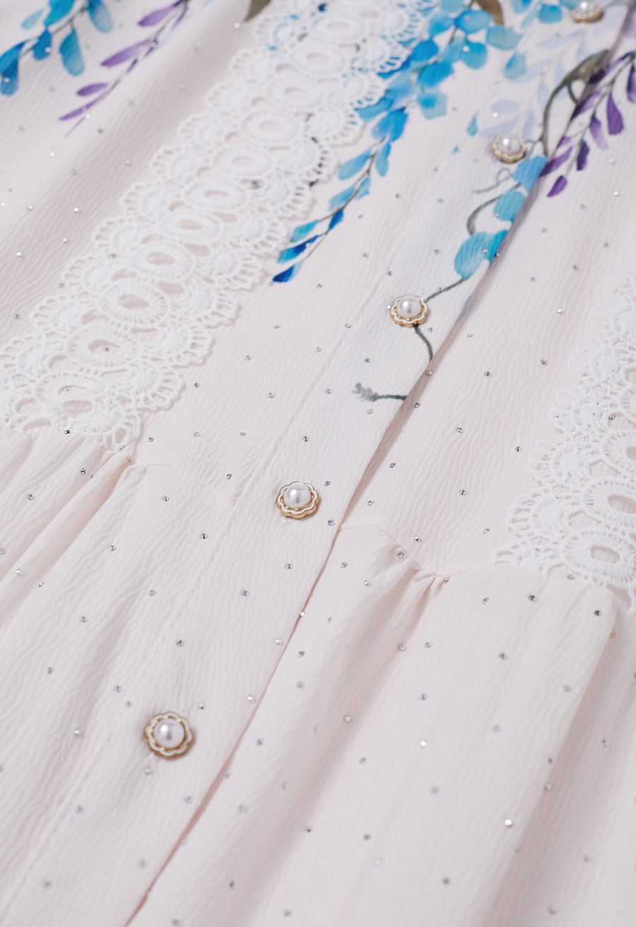 Glittering Lavender Print Lace Panel Buttoned Maxi Dress