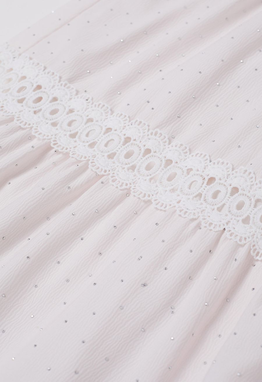 Glittering Lavender Print Lace Panel Buttoned Maxi Dress