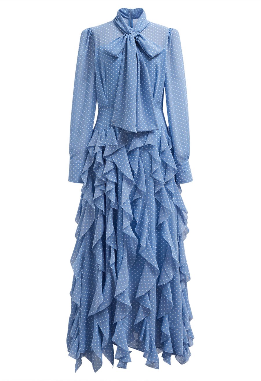 Cascade Ruffle Polka Dot Bowknot Chiffon Maxi Dress in Blue