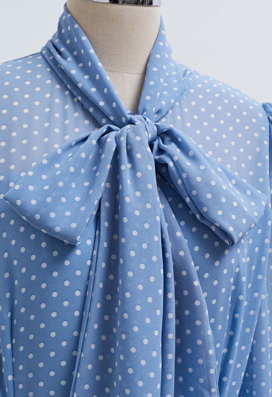 Cascade Ruffle Polka Dot Bowknot Chiffon Maxi Dress in Blue