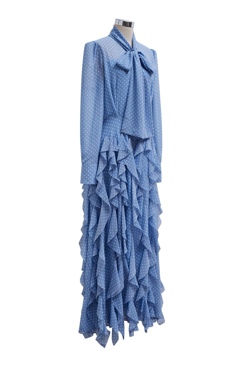 Cascade Ruffle Polka Dot Bowknot Chiffon Maxi Dress in Blue