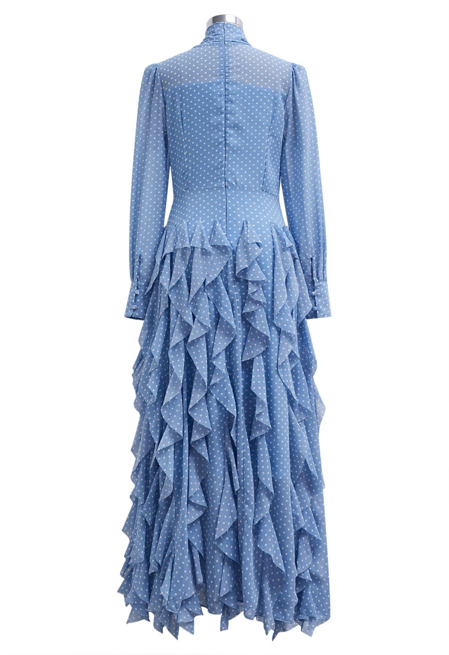 Cascade Ruffle Polka Dot Bowknot Chiffon Maxi Dress in Blue