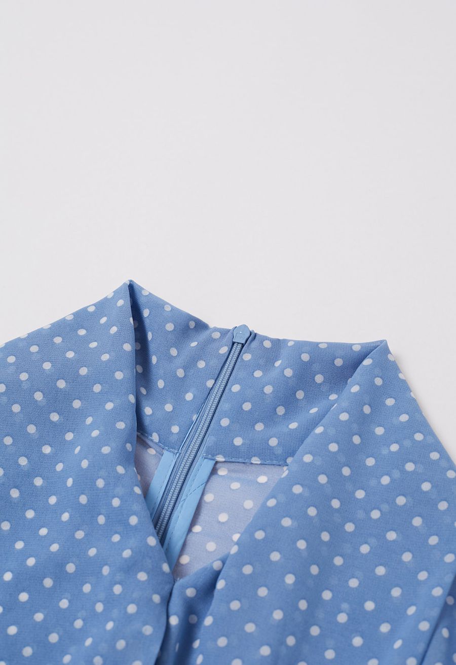 Cascade Ruffle Polka Dot Bowknot Chiffon Maxi Dress in Blue