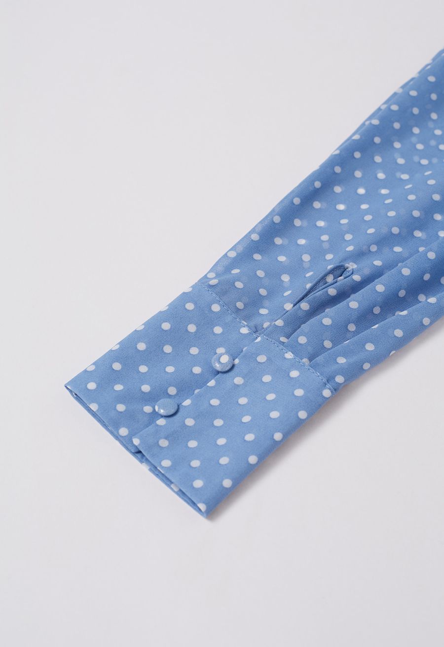 Cascade Ruffle Polka Dot Bowknot Chiffon Maxi Dress in Blue