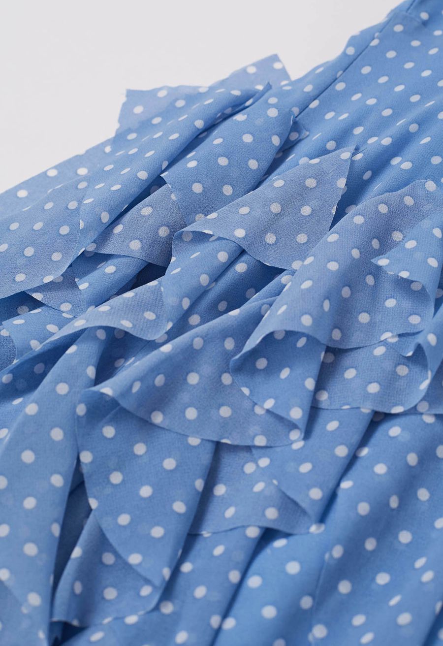 Cascade Ruffle Polka Dot Bowknot Chiffon Maxi Dress in Blue
