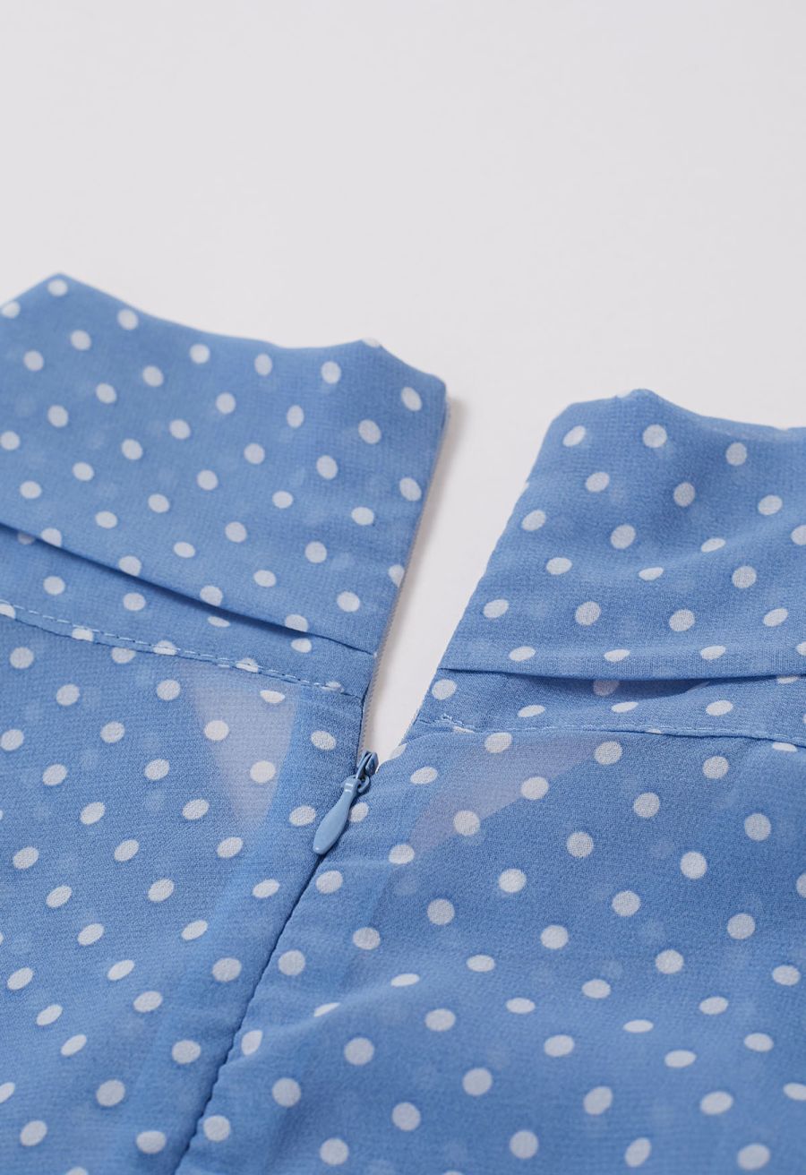 Cascade Ruffle Polka Dot Bowknot Chiffon Maxi Dress in Blue