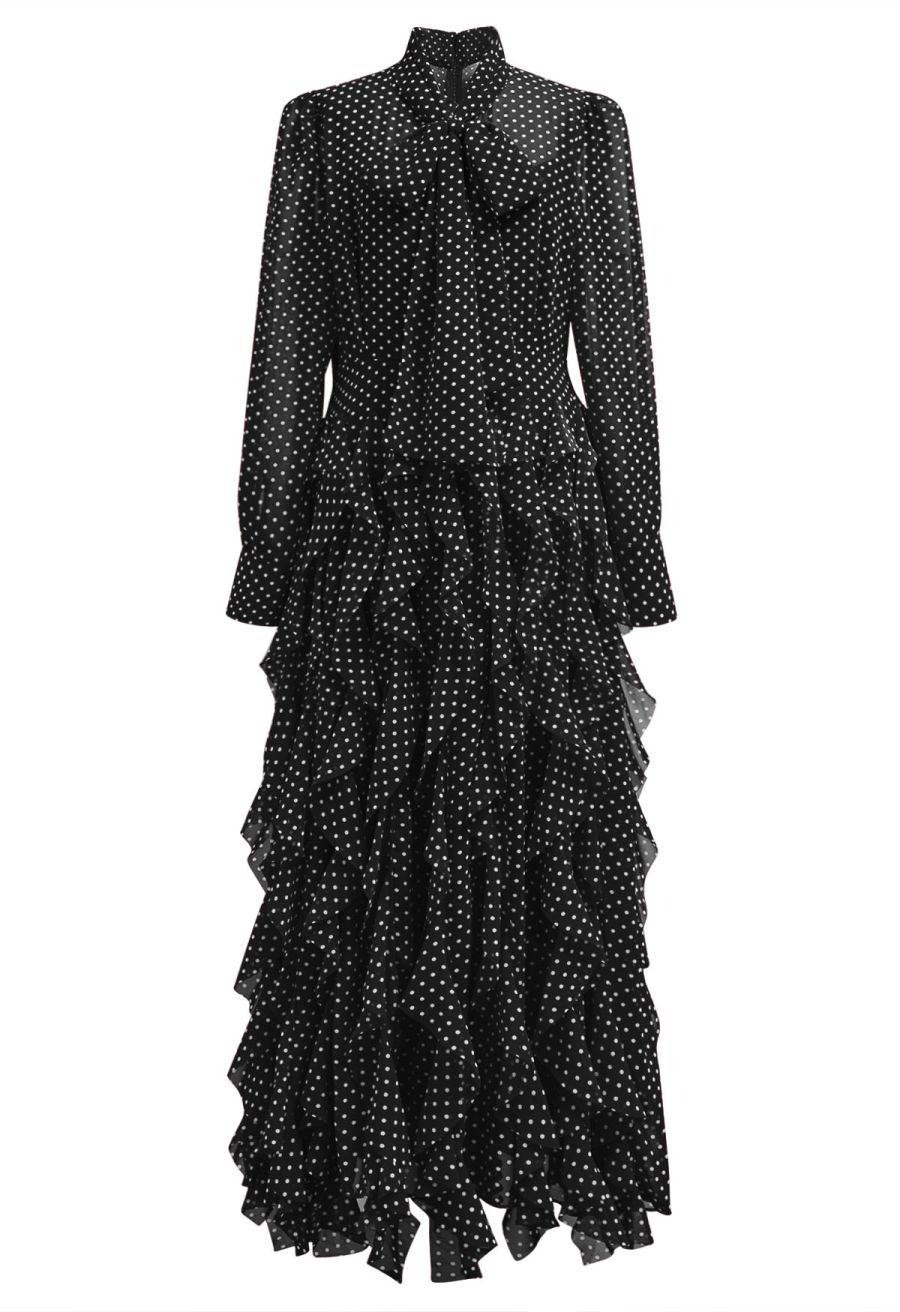 Cascade Ruffle Polka Dot Bowknot Chiffon Maxi Dress in Black