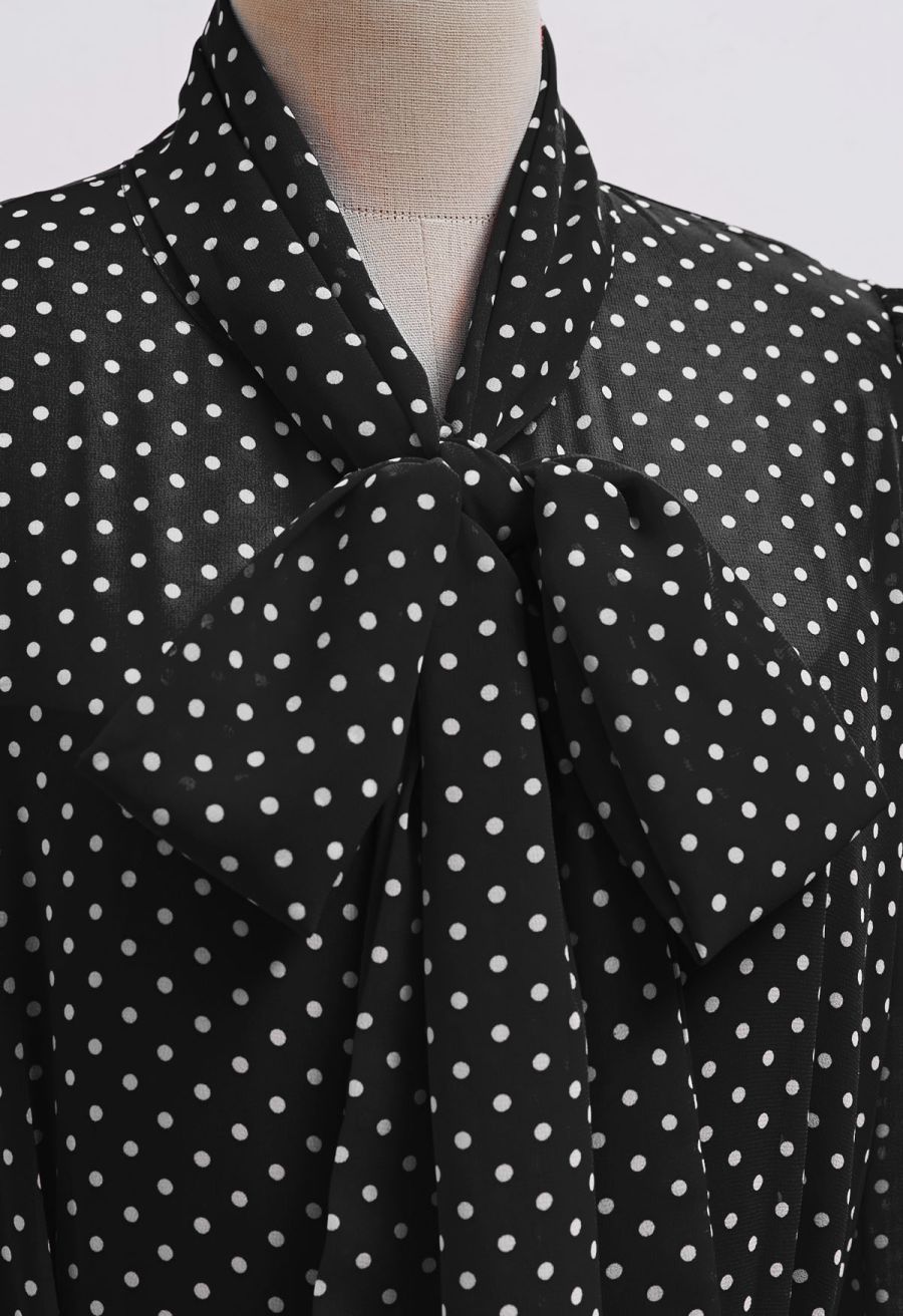 Cascade Ruffle Polka Dot Bowknot Chiffon Maxi Dress in Black
