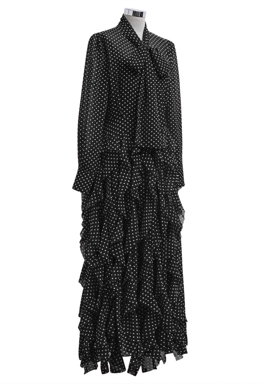 Cascade Ruffle Polka Dot Bowknot Chiffon Maxi Dress in Black