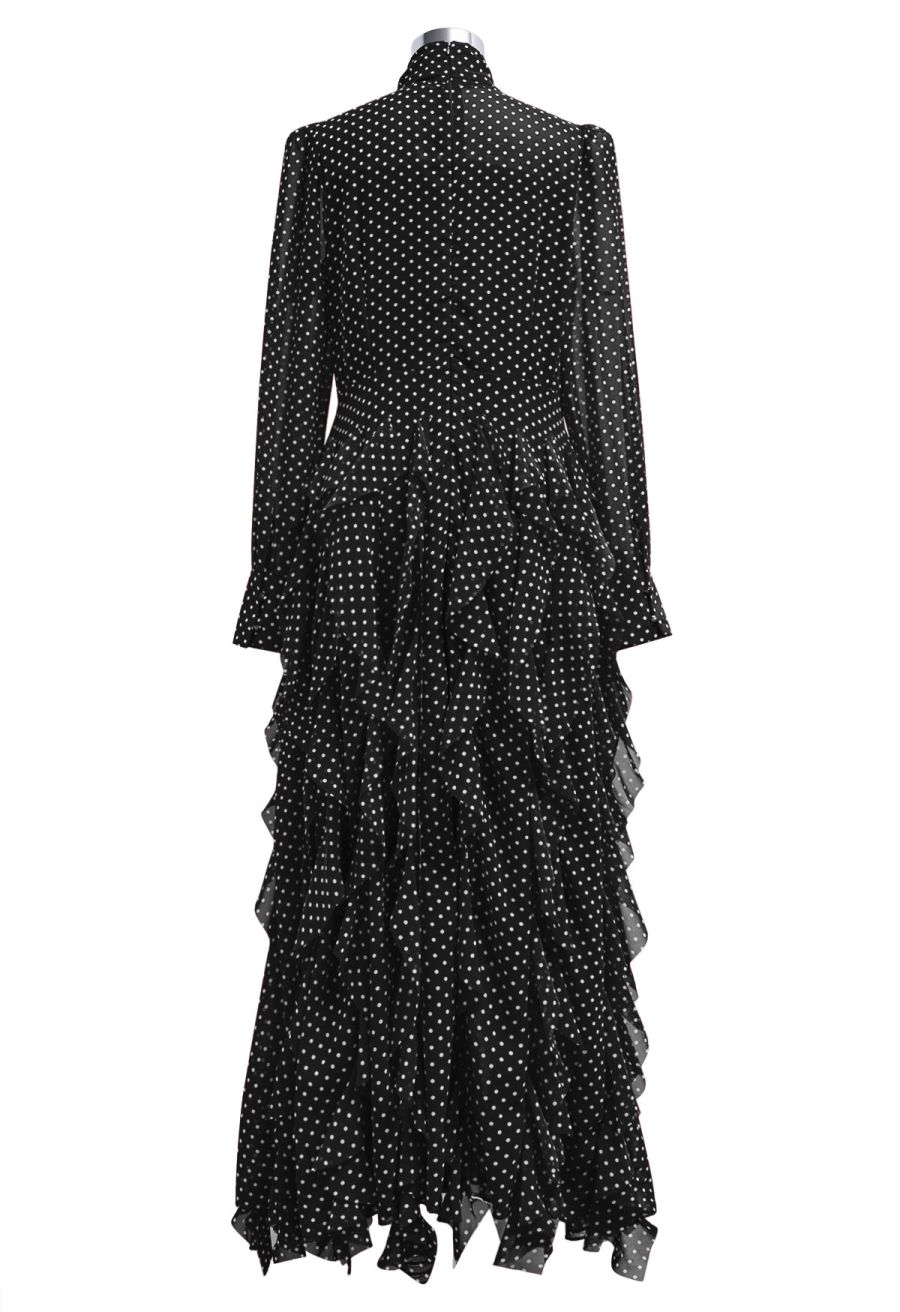 Cascade Ruffle Polka Dot Bowknot Chiffon Maxi Dress in Black