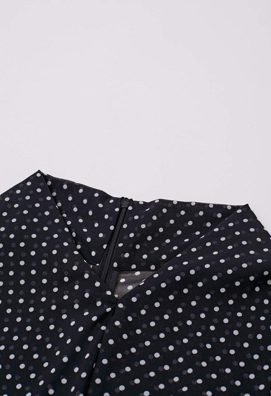 Cascade Ruffle Polka Dot Bowknot Chiffon Maxi Dress in Black