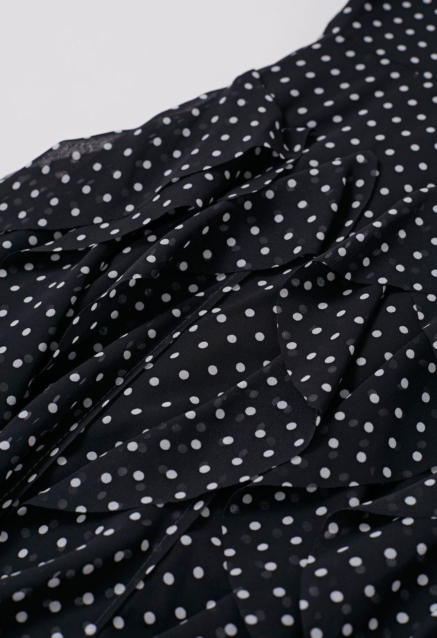 Cascade Ruffle Polka Dot Bowknot Chiffon Maxi Dress in Black