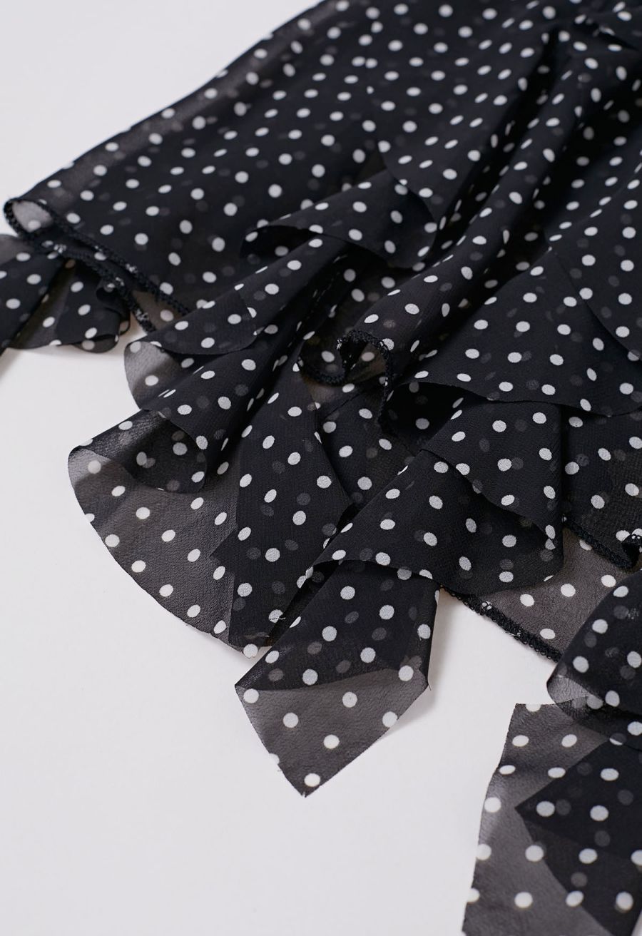Cascade Ruffle Polka Dot Bowknot Chiffon Maxi Dress in Black