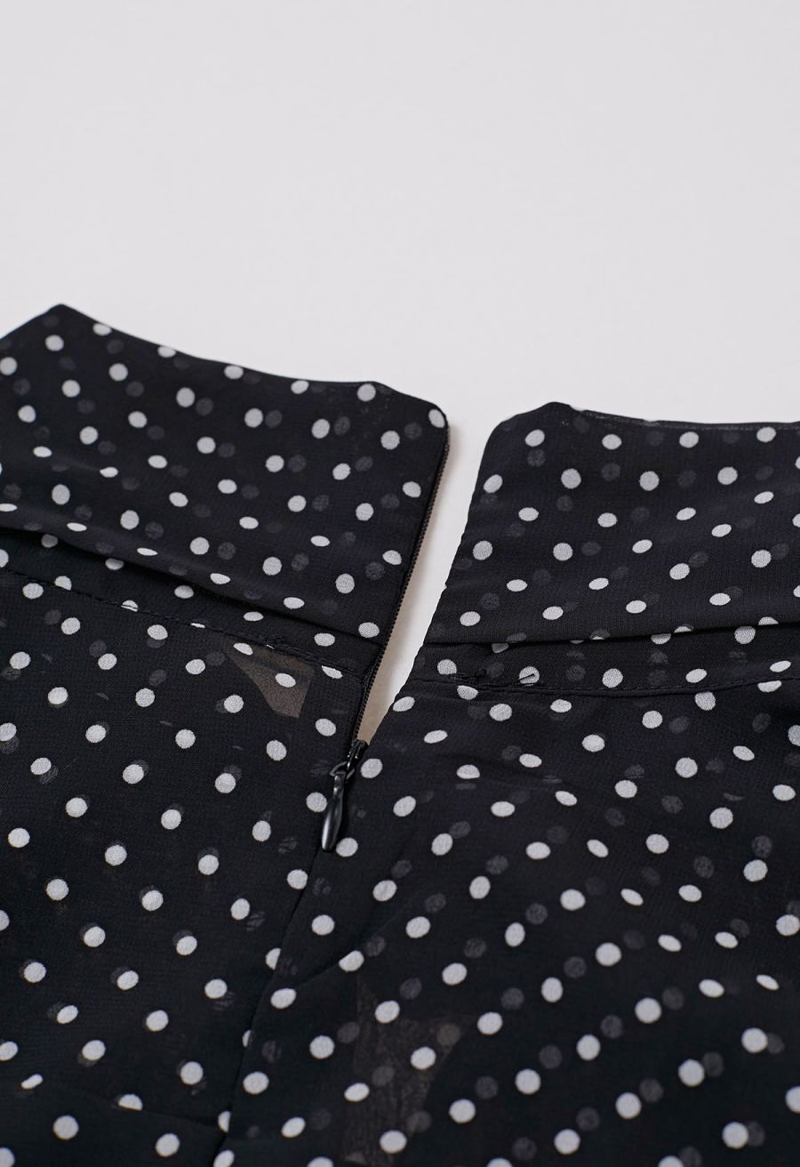 Cascade Ruffle Polka Dot Bowknot Chiffon Maxi Dress in Black
