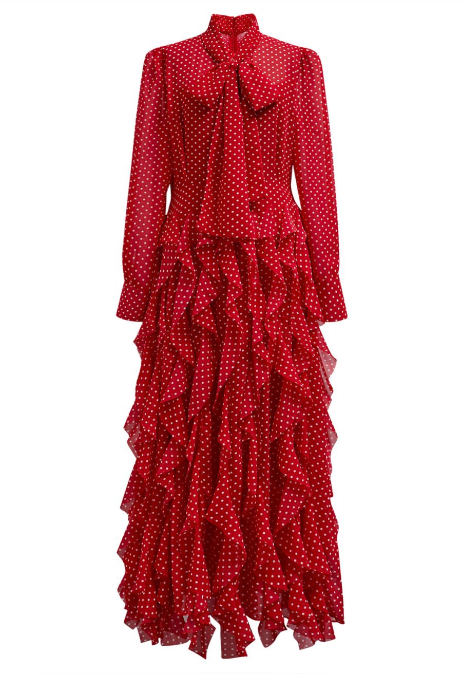 Cascade Ruffle Polka Dot Bowknot Chiffon Maxi Dress in Red