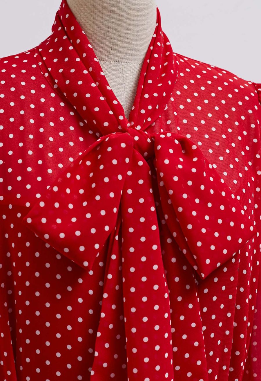 Cascade Ruffle Polka Dot Bowknot Chiffon Maxi Dress in Red