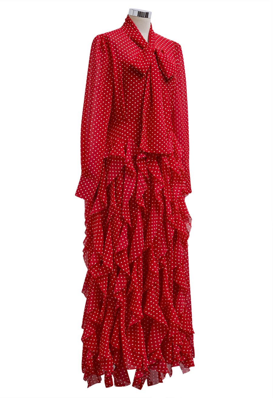Cascade Ruffle Polka Dot Bowknot Chiffon Maxi Dress in Red