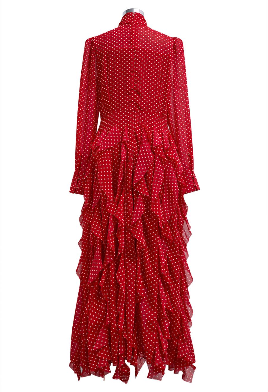 Cascade Ruffle Polka Dot Bowknot Chiffon Maxi Dress in Red