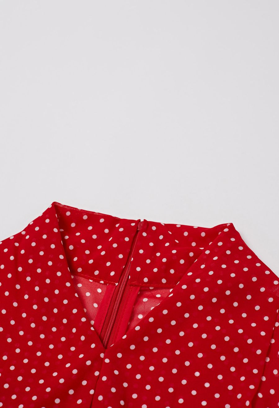 Cascade Ruffle Polka Dot Bowknot Chiffon Maxi Dress in Red
