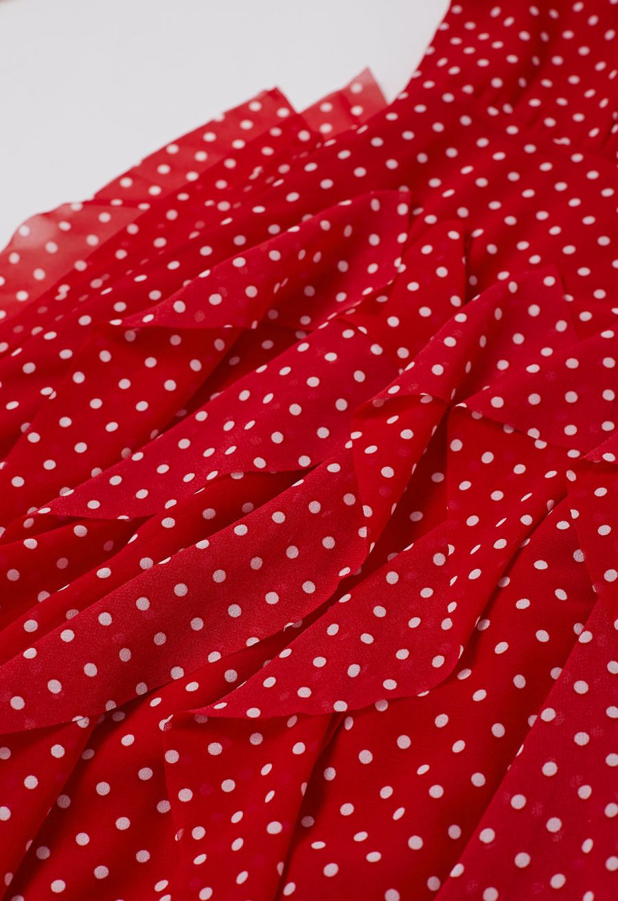 Cascade Ruffle Polka Dot Bowknot Chiffon Maxi Dress in Red